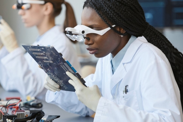 Two female scientists in a laboratory. The scientist in the foreground is examining a circuit board while wearing laboratory glasses. She wears a white lab coat.